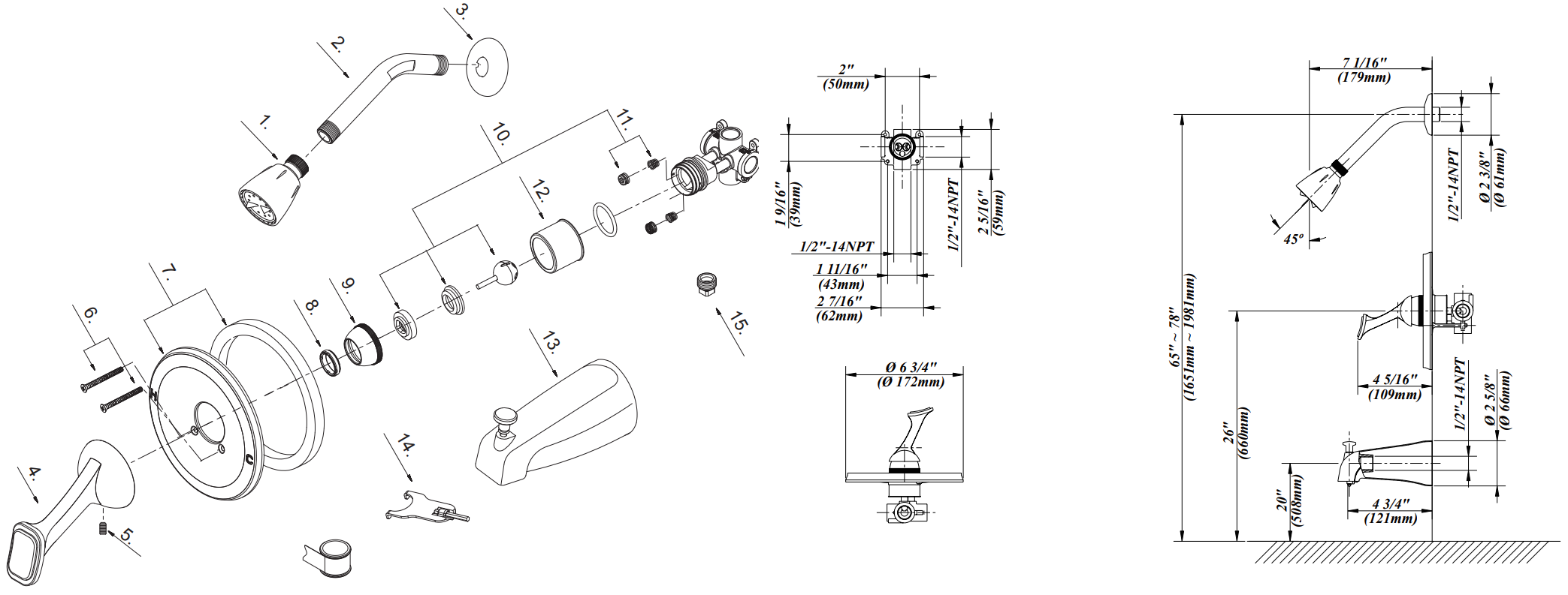 Tub & Shower Trim, IPS Diverter Spout Specifications Images