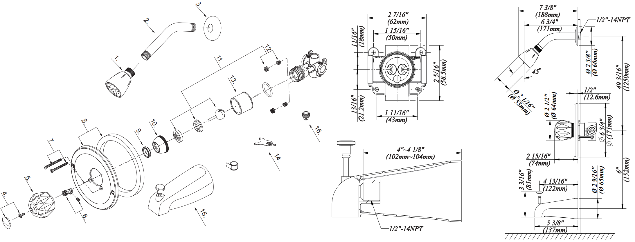 Tub & Shower Trim, IPS Diverter Spout Specifications Images